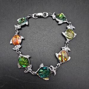 Colorful Paua Shell Fish Bracelet Silver Tone Animal Abalone